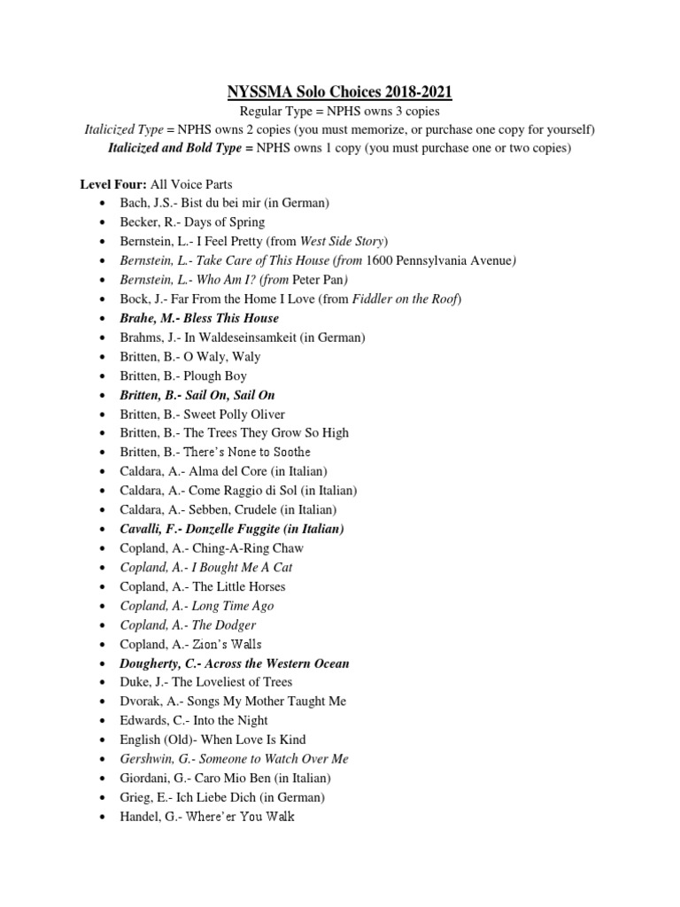 NYSSMA Solo Song Choices PDF Quartet Vocal Music