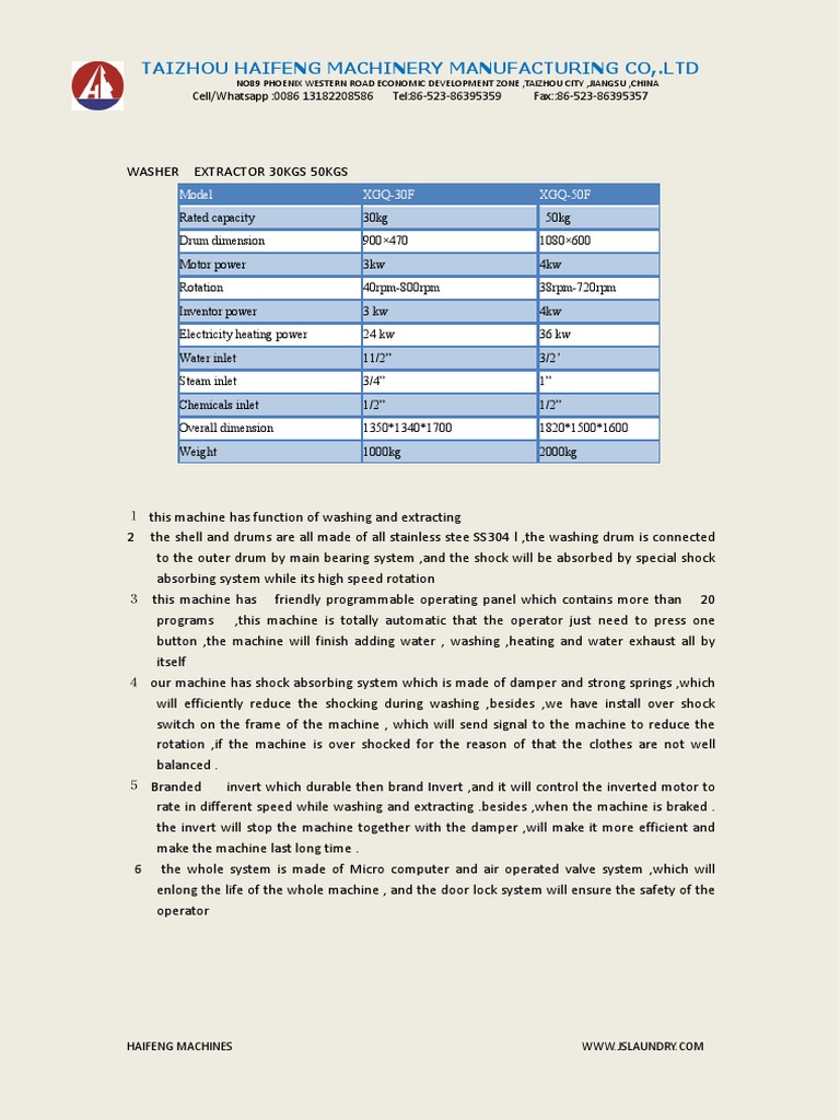Haifeng 30kg & 50kg Washer Extractors | PDF | Washing Machine | Machines