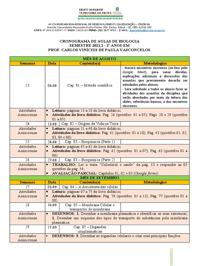 Cronograma de Aulas de Biologia | PDF | Célula (Biologia) | Membrana ...