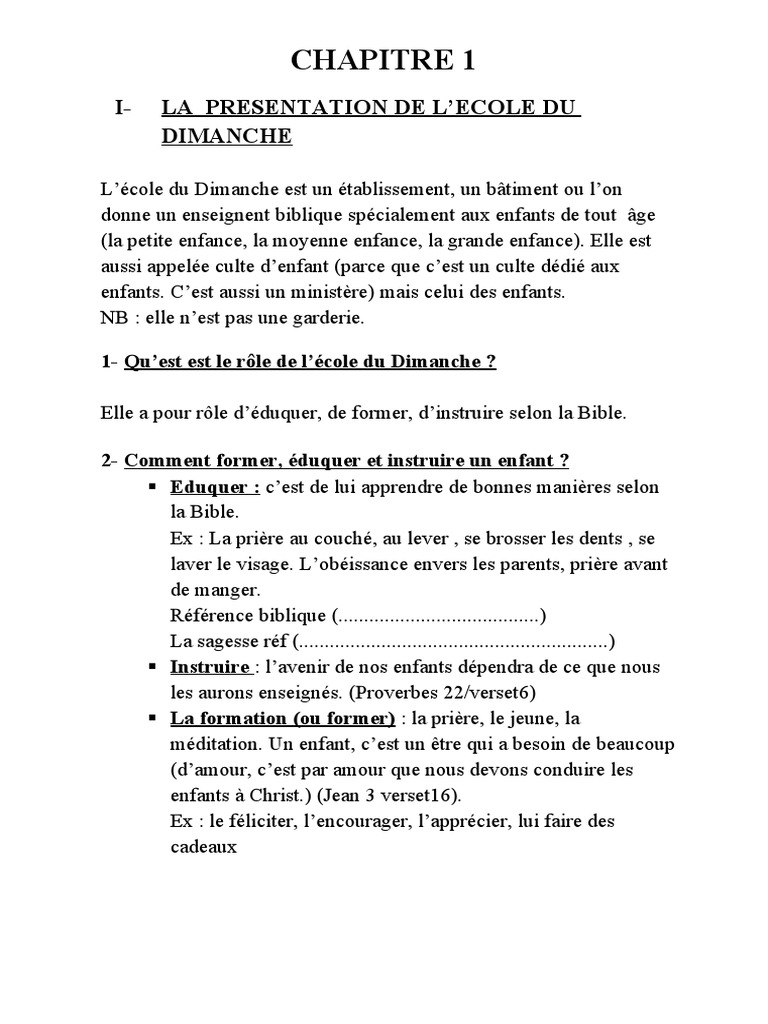 Rôle et fonctionnement de l'école du dimanche | PDF | École du dimanche ...