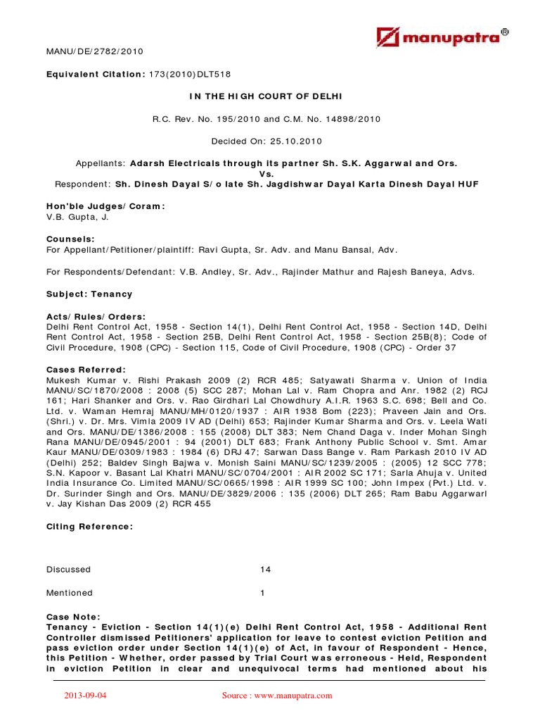 Delhi HC Tenancy Eviction Case 2010 | PDF | Eviction | Leasehold Estate