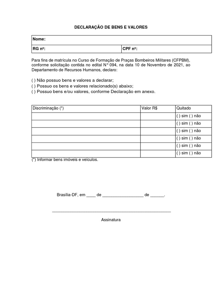 Declaração de Bens e Valores | PDF