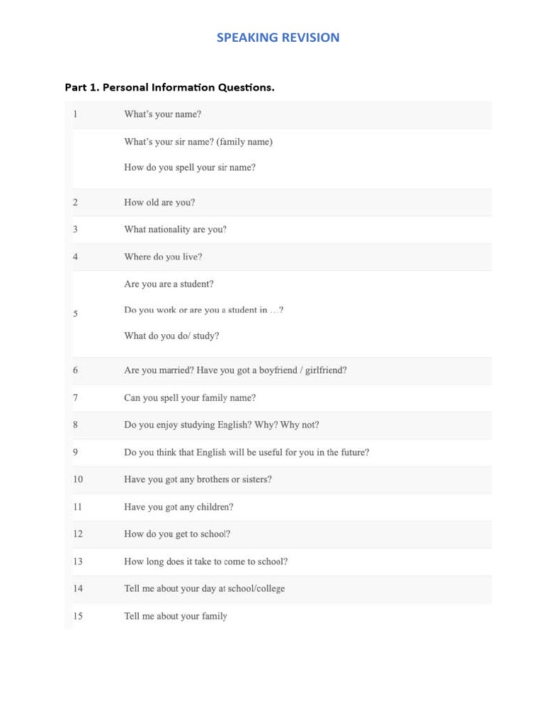 Speaking Revision: Part 1. Personal Information Questions | PDF