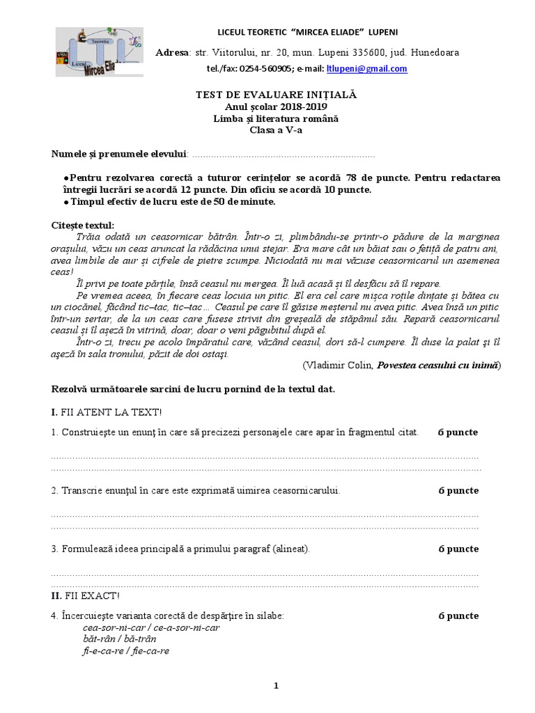 Test Iniţial 5 | PDF