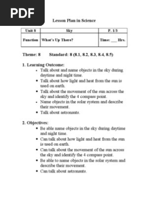 Lesson Plan In Science Grade 1 Unit 8 Sky Solar System