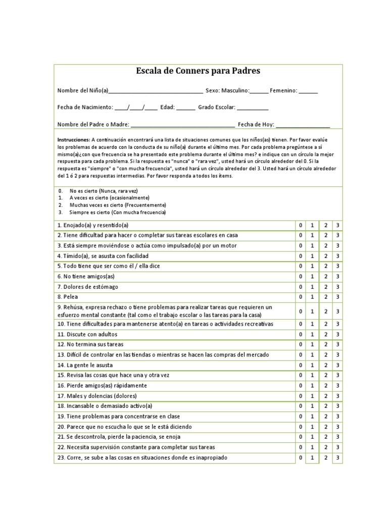 Escala Conners Para Padres Evaluaci n PDF