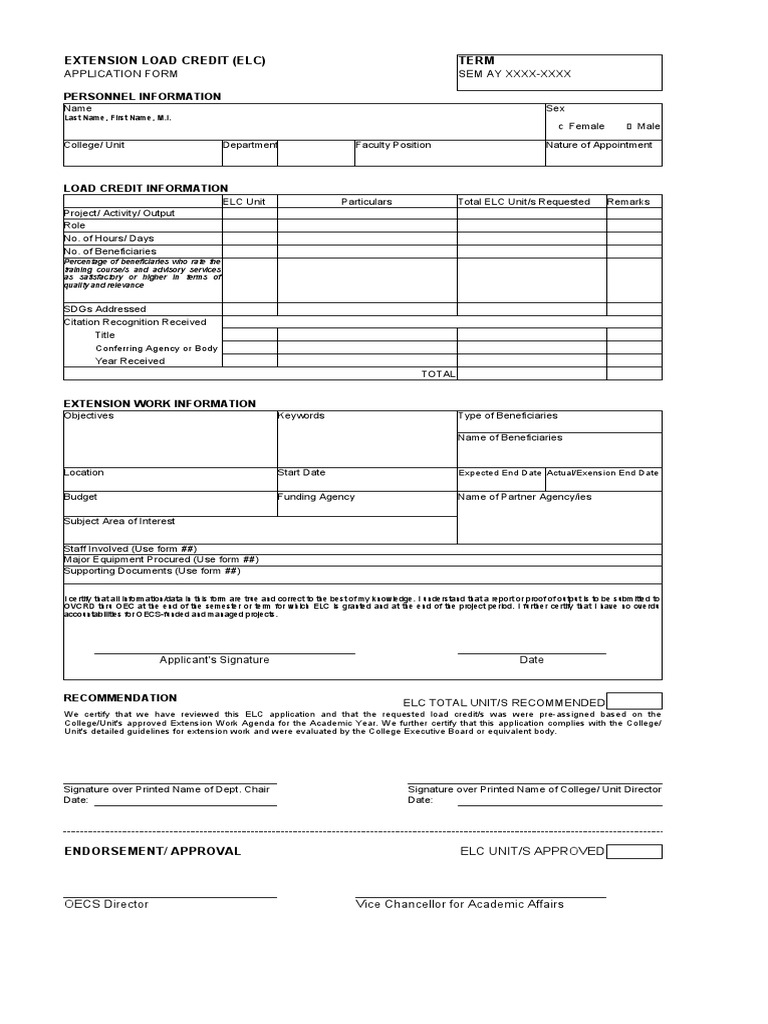 Extension Load Credit (Elc) Term: Personnel Information | PDF