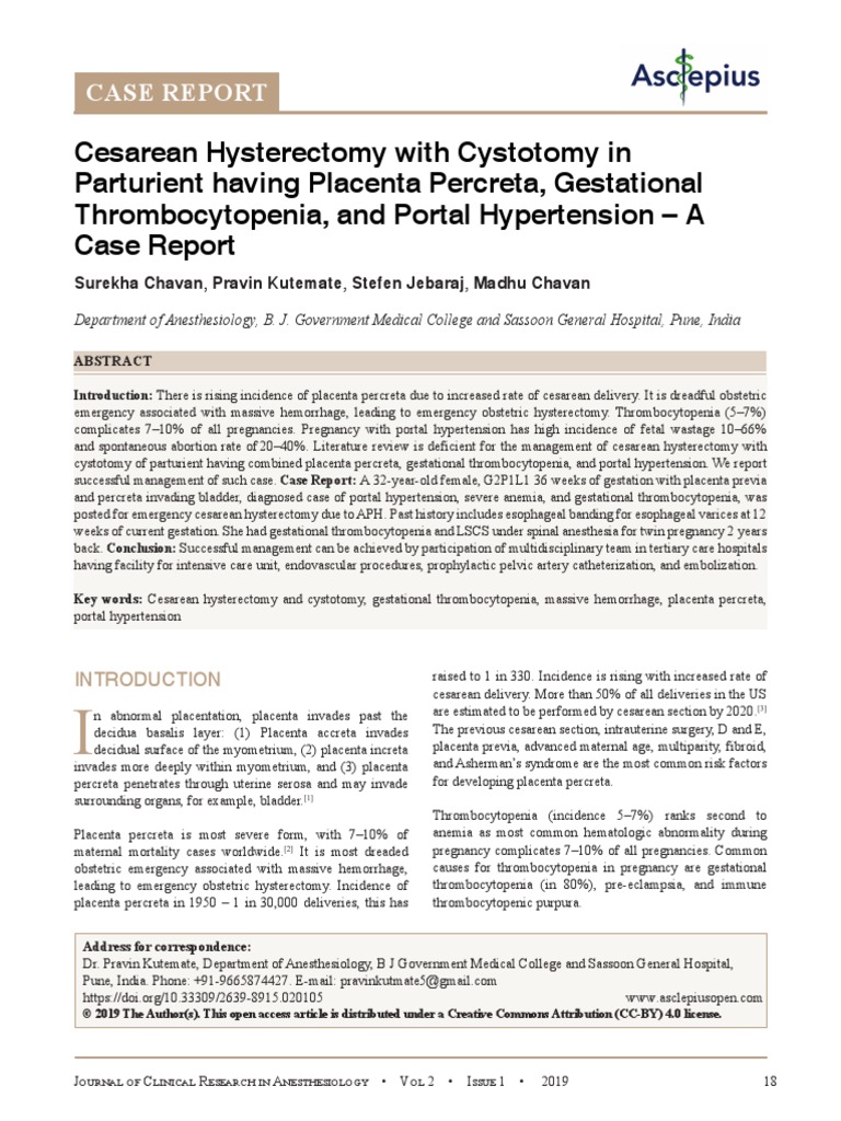 Cesarean Hysterectomy With Cystotomy in Parturient Having Placenta ...