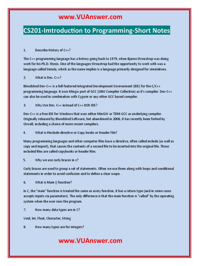 C++ Programming Short Notes Guide | PDF | Integer (Computer Science ...