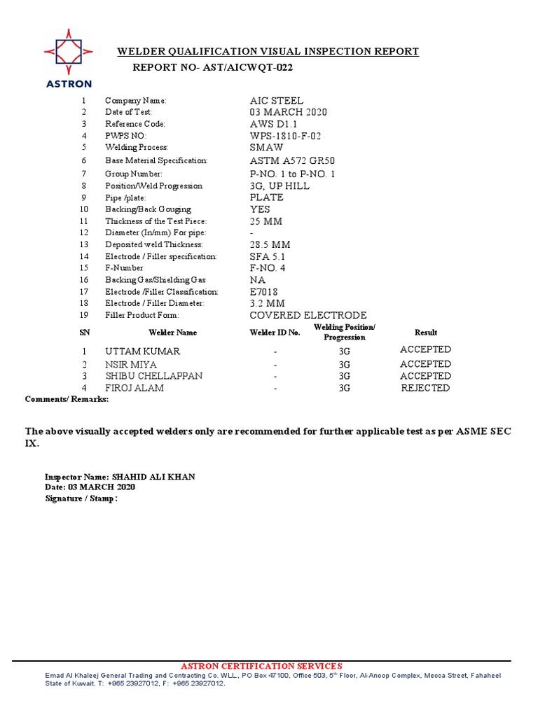 Welder Qualification Visual Inspection Report | PDF | Construction ...