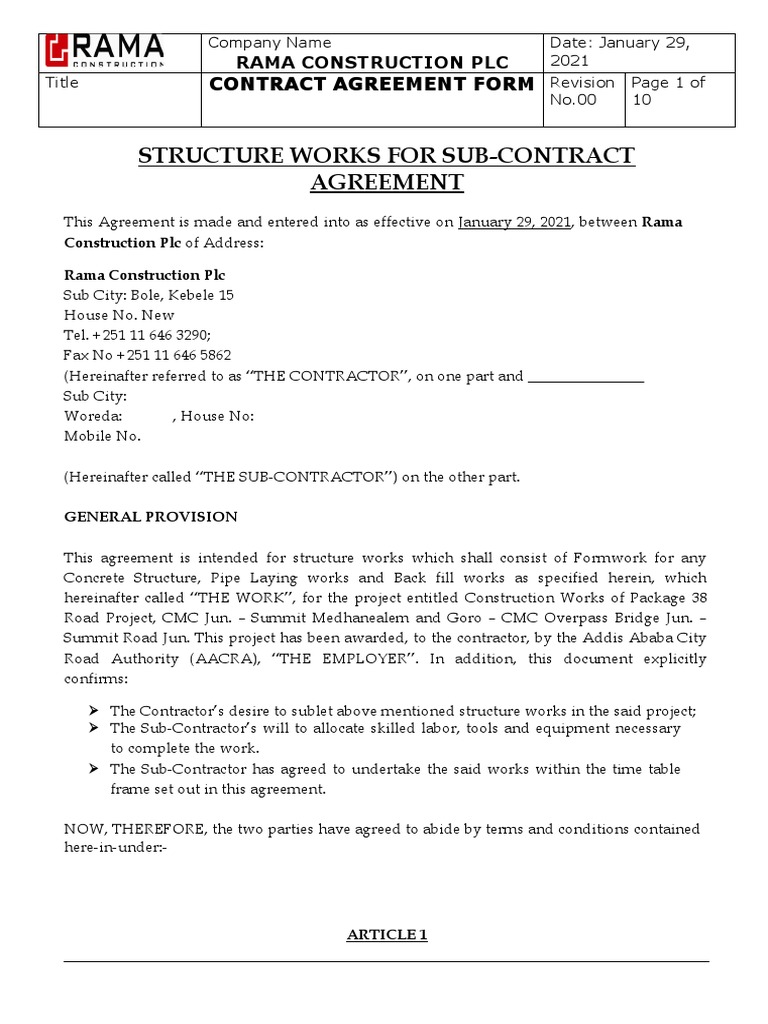 Sub-Contract Agreement for Structure Works | PDF | Employment | Concrete