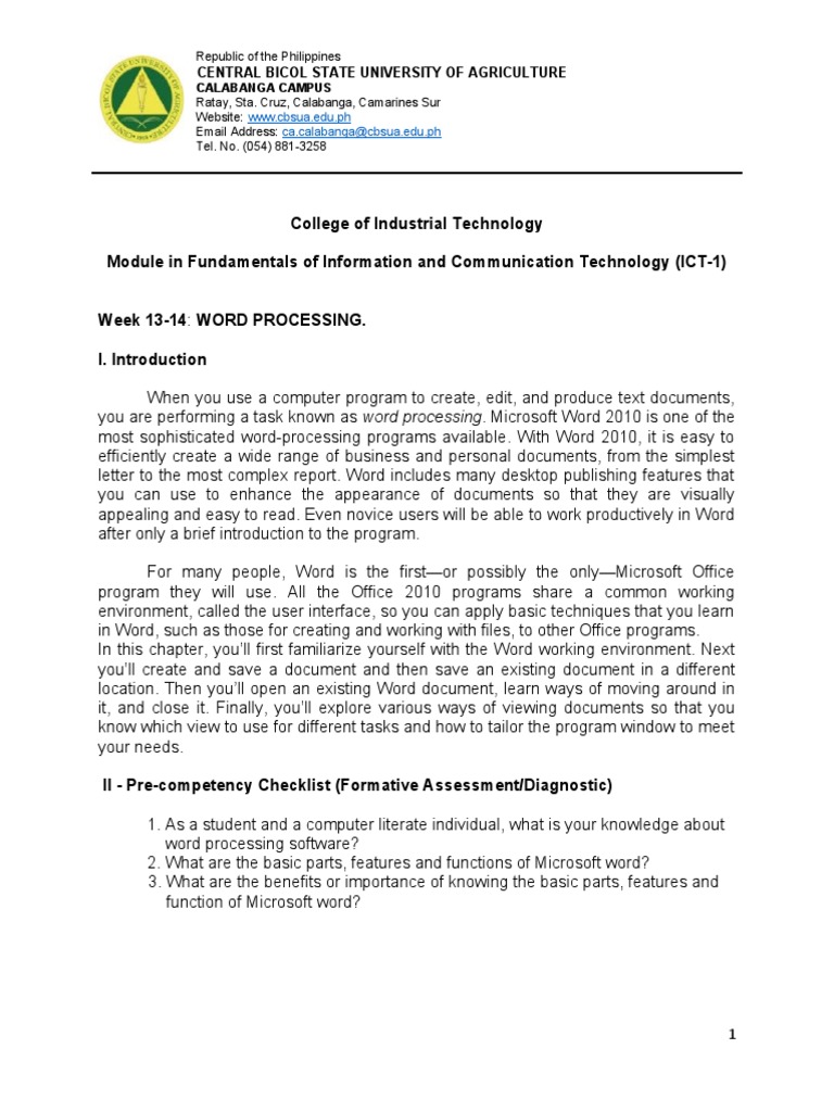 Microsoft Word 2010: Word Processing Basics | PDF | Microsoft Office ...