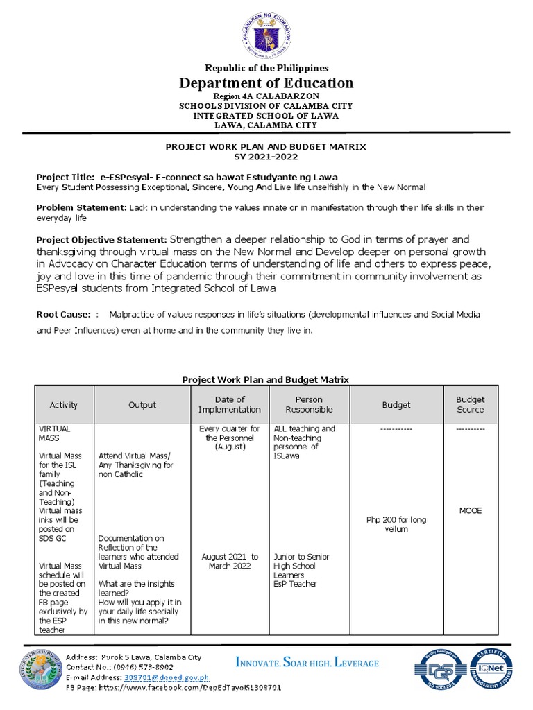 ESP Project Work Plan and Budget 2021-2022 | PDF | Cognition ...