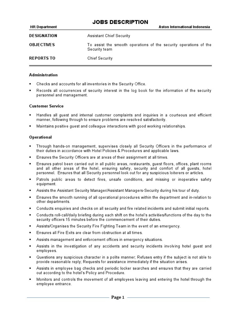 Assistant Chief Security Job Description | PDF | Security Guard | Emergency