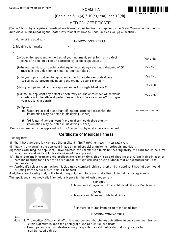 Form 1A (See Rules 5 (1), (3), 7,10 (A), 14 (D), and 18 (D) ) Medical