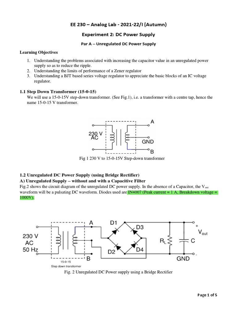 Unregulated DC Power Supply Experiment | PDF | Bipolar Junction ...