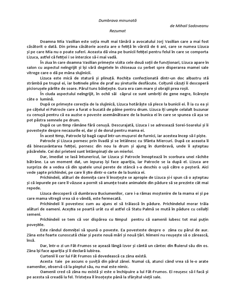 Rezumat Dumbrava Minunata Dumbrava Minunata Rezumat | PDF