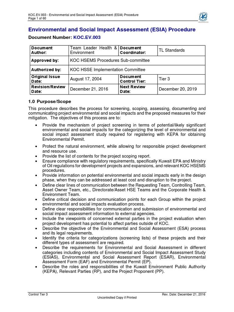 ESIA Procedure Overview and Guidelines | PDF | Environmental Impact ...