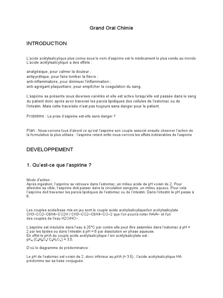 La Prise D aspirine Est Elle Sans Danger Sujet Grand Oral Grand Oral Chimie 10 | PDF | Aspirine | Estomac