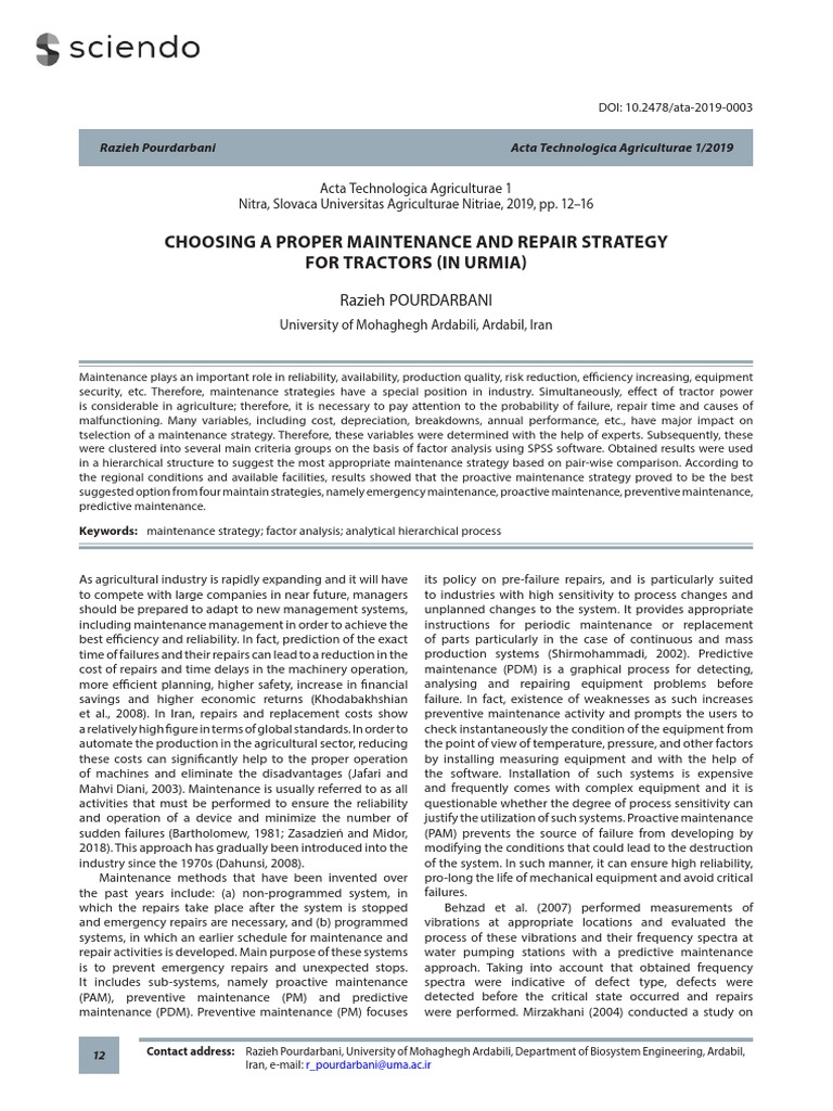 Optimal Maintenance Strategies for Tractors | PDF | Reliability ...