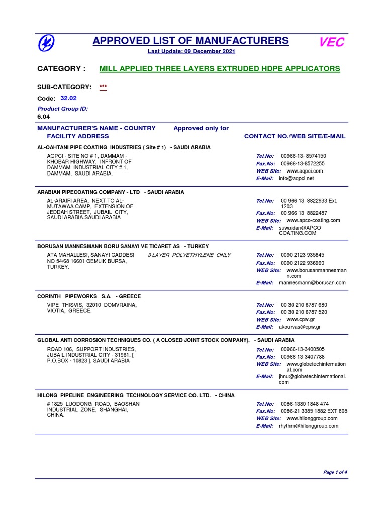 Approved List of Manufacturers: Mill Applied Three Layers Extruded Hdpe ...