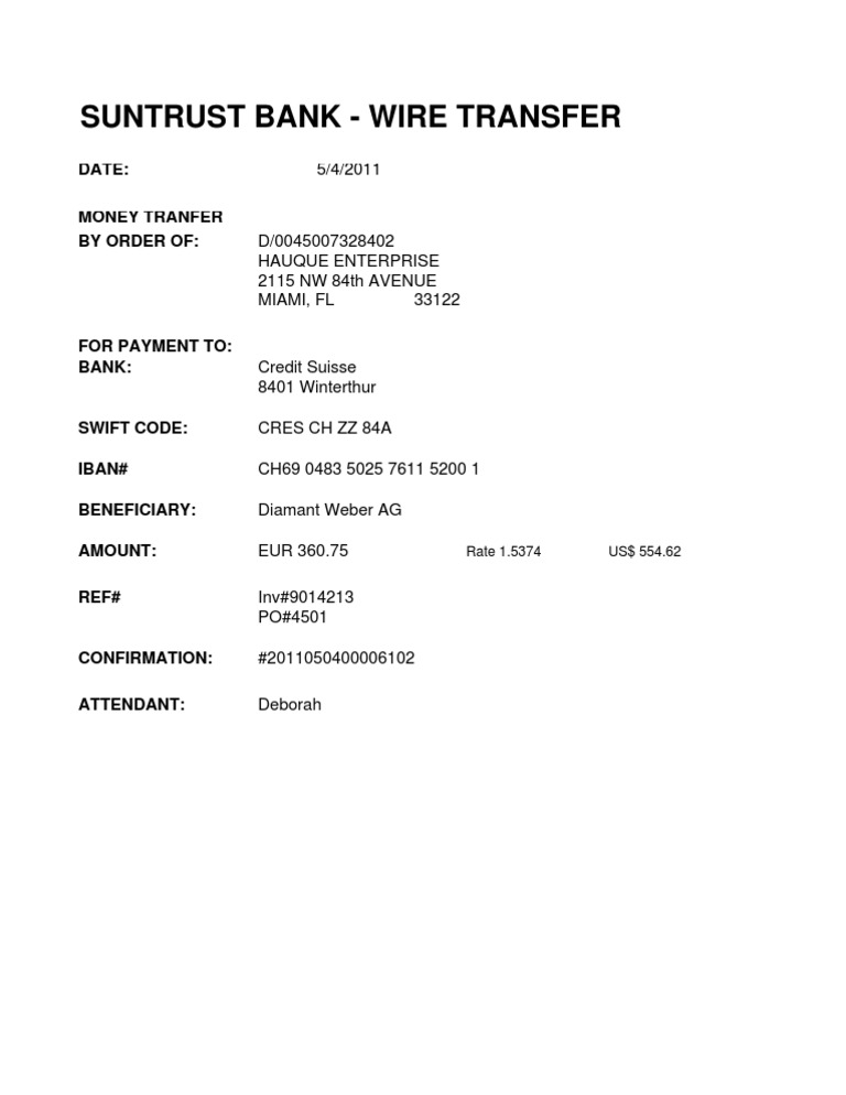 SunTrust Bank Wire Transfer Details | PDF | Business | Finance & Money ...