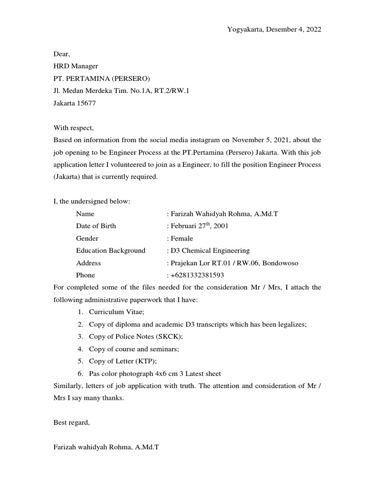 Job Application Letter - Farizah WR ...