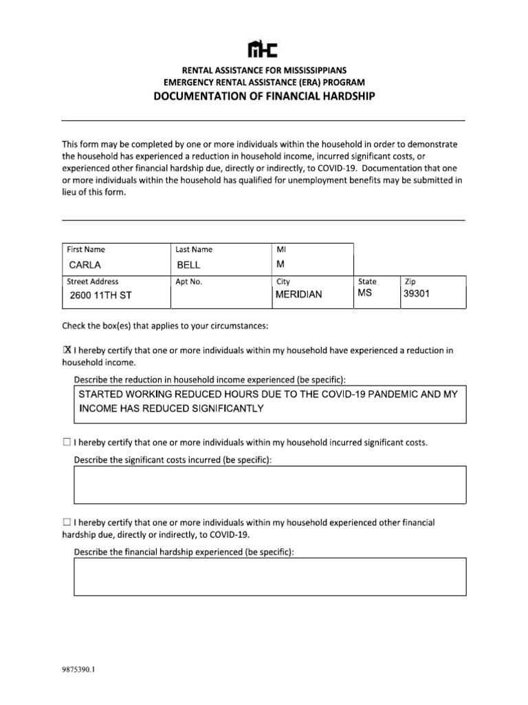 Documentation of Financial Hardship PDF