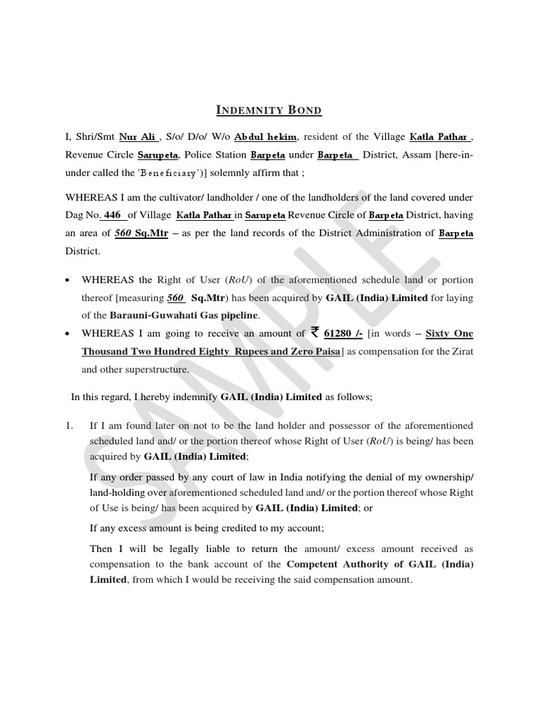 Sample Copy Indemnity Not Signed PDF Justice Crime & Violence