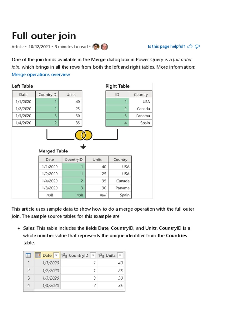 Full Outer Join - Power Query - Microsoft Docs | PDF | Table (Database ...