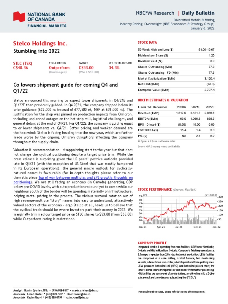 Stelco Holdings Inc. Stumbling Into 2022 PDF Securities (Finance) Financial Analyst