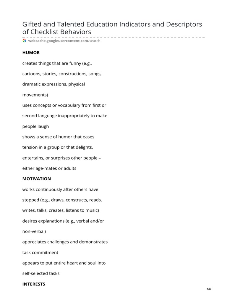 Gifted & Talented Education Indicators and Descriptors of Checklist
