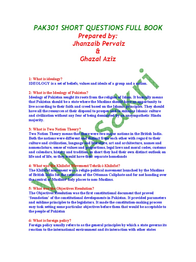 Pak 301 Short Questions Full Book | PDF | Muhammad Ali Jinnah | Revelation