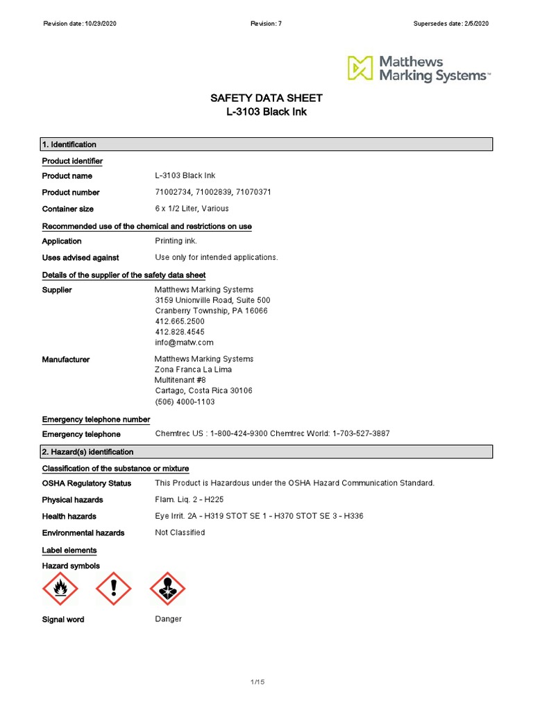 L-3103 Black Ink Safety Data Sheet | PDF | Dangerous Goods | Firefighting