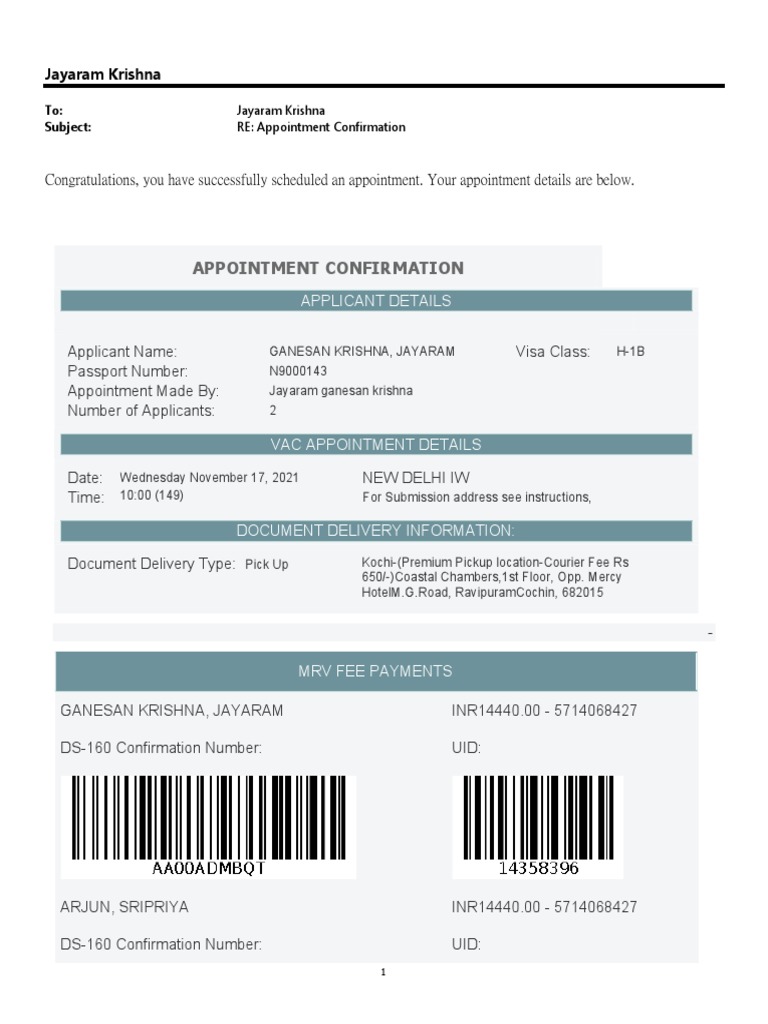 Appointment Confirmation Jayaram Krishna Pdf Passport Travel Visa