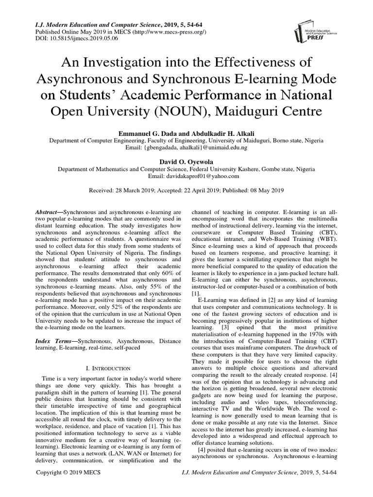 Asynchronous and Synchronous E-Learning Mode On Students Academic ...