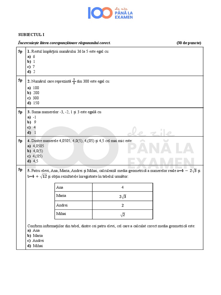 Varianta 1 Subiect | PDF