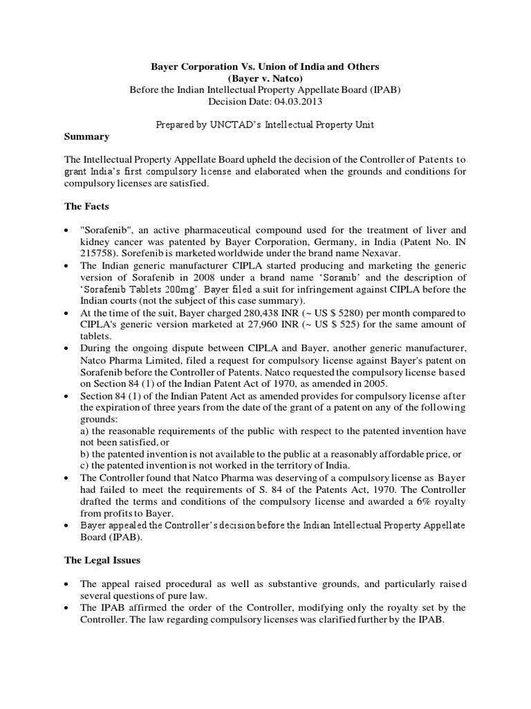 Bayer Corporation Vs Union Of India And Others Ipab 2013 Pdf
