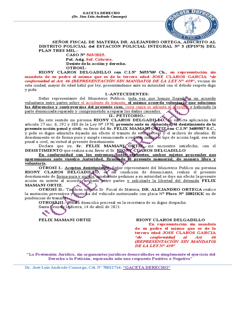 Desistimiento de Acción Legal en Caso de Tránsito | PDF | Justicia ...