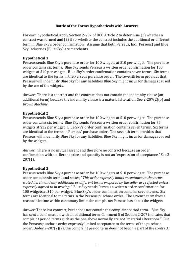 Analysis of contract formation under ucc section 2 207 in hypothetical
