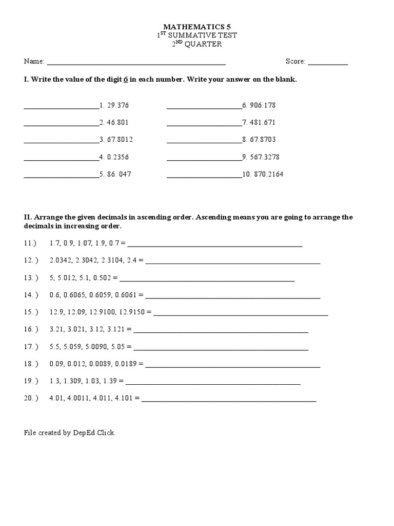 5th Grade Math Summative Test 2nd Quarter | PDF | Teaching Methods ...
