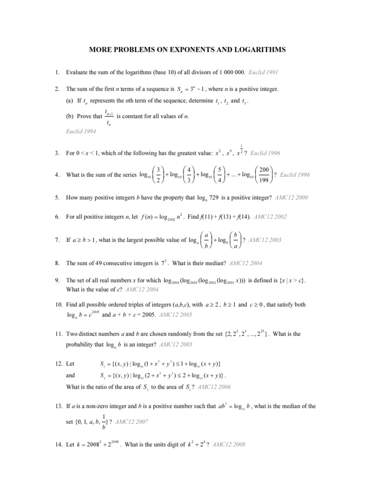 More Problems On Exponents and Logarithms: Euclid 1991 | PDF ...