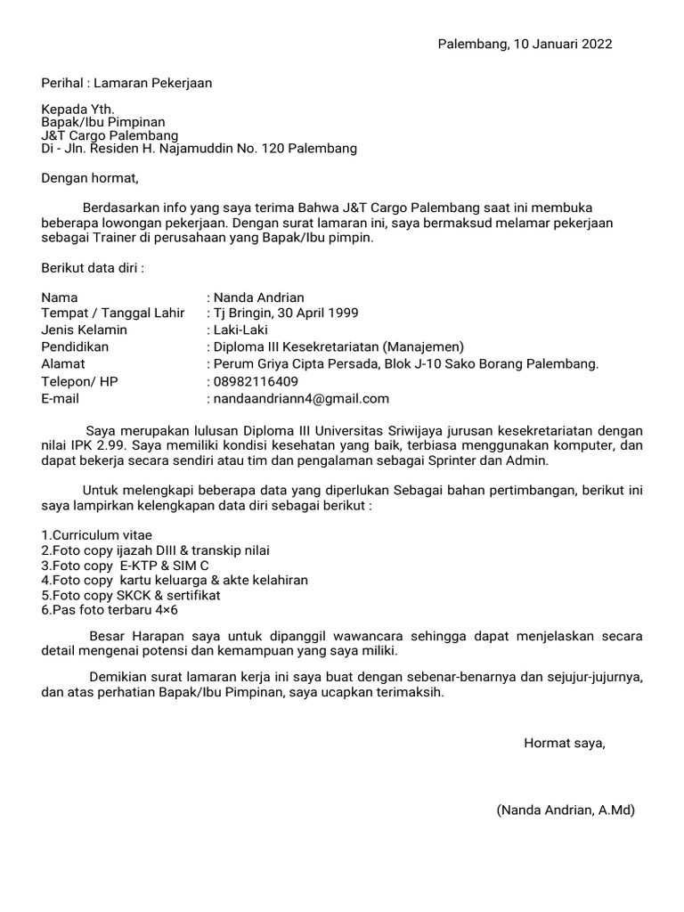 Lamaran Pekerjaan di J&T Cargo Palembang | PDF