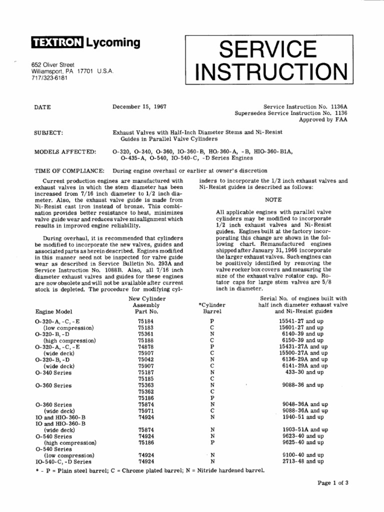 SI1136A Cylinders, Parallel Valve, Exhaust Valves With Diameter Stems