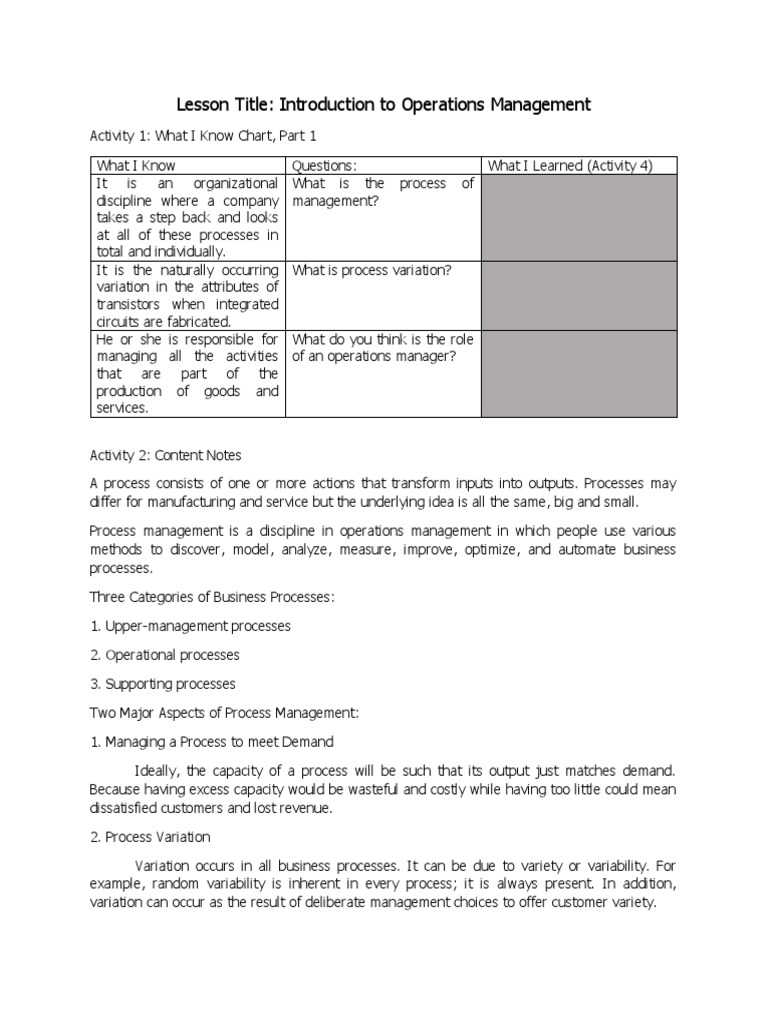 Lesson Title: Introduction To Operations Management | PDF | Operations ...