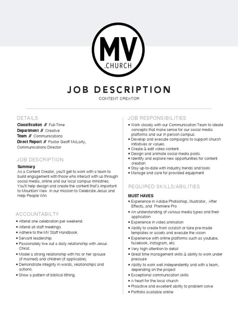 Content Creator Job Description PDF Social Media Popular Culture