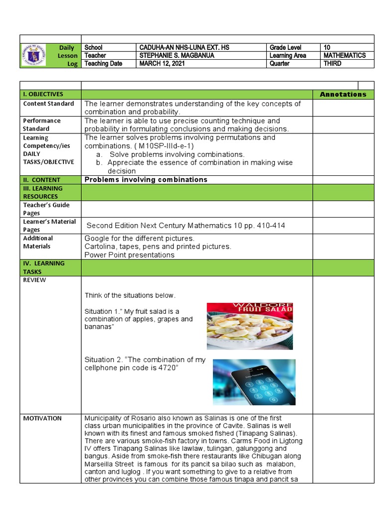 Grade 10 Math: Combinations Lesson Plan | PDF | Learning | Behavior ...