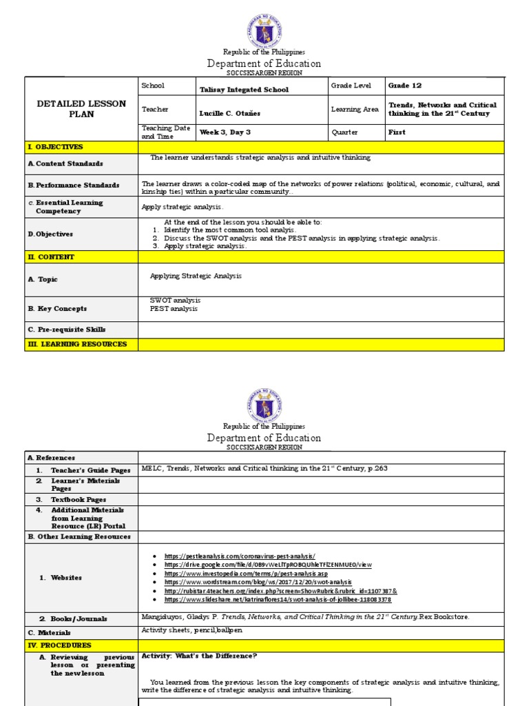 SWOT Analysis Lesson Plan for Grade 12 | PDF | Swot Analysis | Cognition