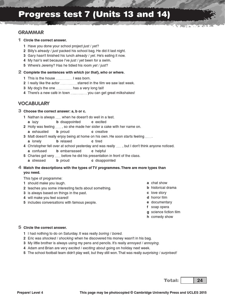 Progress Test 7 (Units 13 and 14) : Grammar | PDF | Language Arts ...