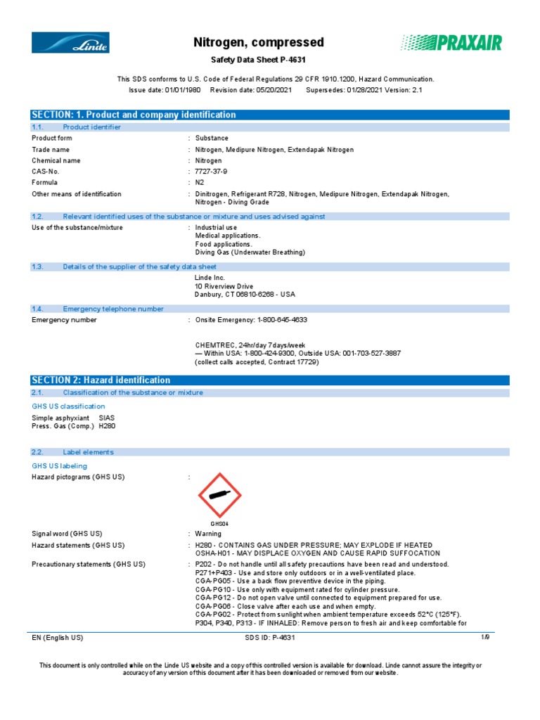 Nitrogen Compressed Safety Data Sheet Sds p4631 PDF Firefighting